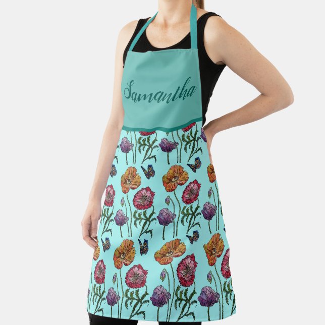 Turquoise Poppy Floral Poppies Shabby Chic Kitchen Apron (Insitu)