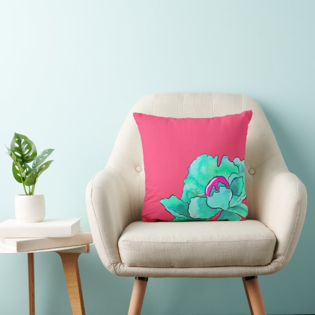 Turquoise Poppy Flower Watercolor On Fuchsia Cushion (Chair)