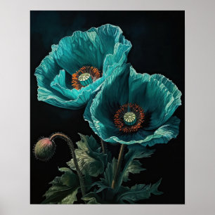 Turquoise Poppy Flowers Art Print Poster 