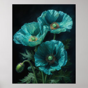 Turquoise Poppy Flowers Art Print Poster