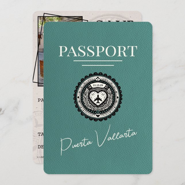 Turquoise Puerta Vallarta Passport Save The Date (Front/Back)