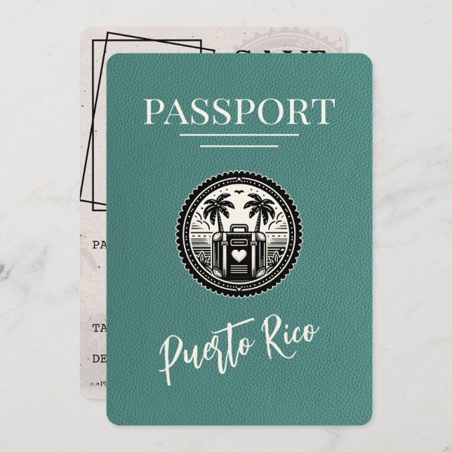 Turquoise Puerto Rico Passport Save The Date (Front/Back)