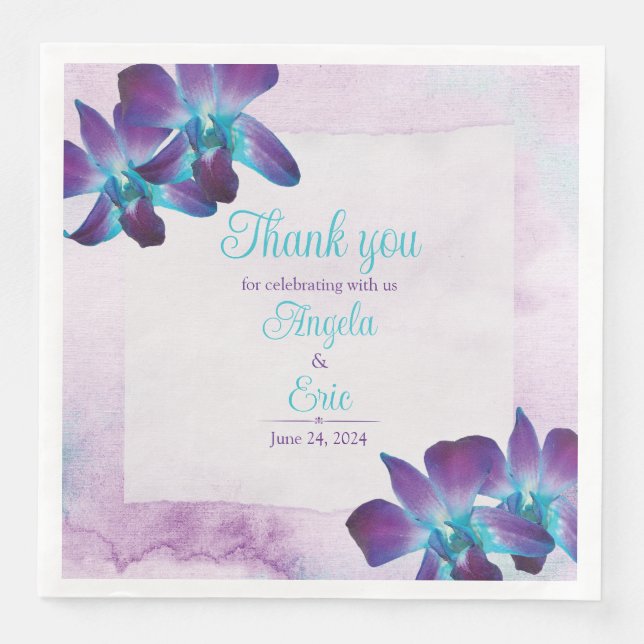 Turquoise Purple Blue Dendrobium Orchid Wedding Napkin (Front)