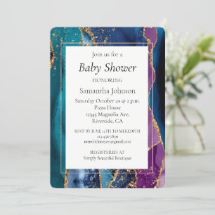 Turquoise Purple Blue Gold Glitter Marble Invitation