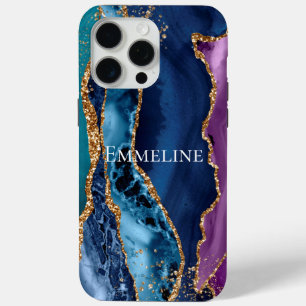 Turquoise Purple Blue Gold Glitter Marble iPhone 15 Pro Max Case