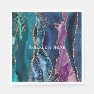 Turquoise Purple Blue Gold Glitter Marble Napkin