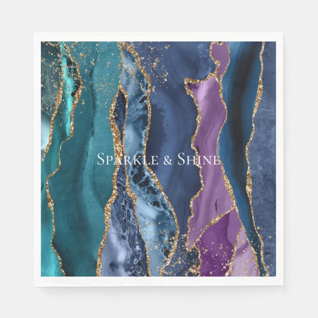 Turquoise Purple Blue Gold Glitter Marble Napkin (Front)