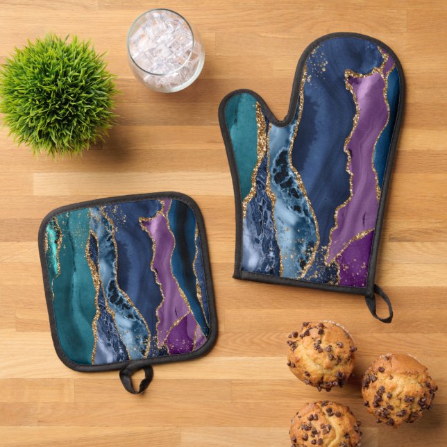 Turquoise Purple Blue Gold Glitter Marble Oven Mitt & Pot Holder Set (Top Down)