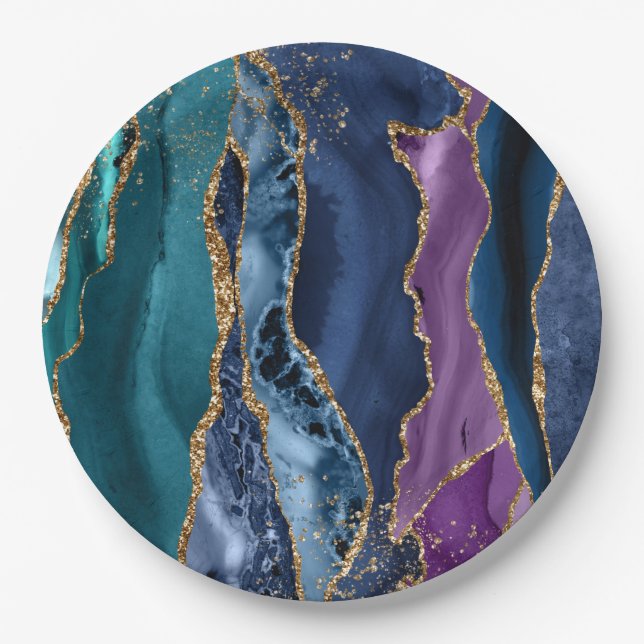 Turquoise Purple Blue Gold Glitter Marble Paper Plate (Front)