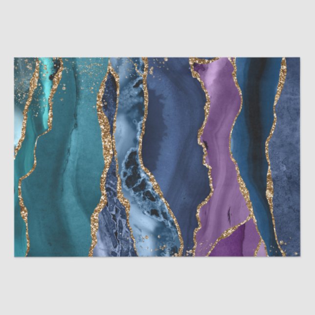 Turquoise Purple Blue Gold Glitter Marble Tissue Paper (Front)