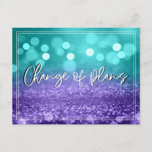 Turquoise Purple Bokeh Change of Plans Wedding Postcard