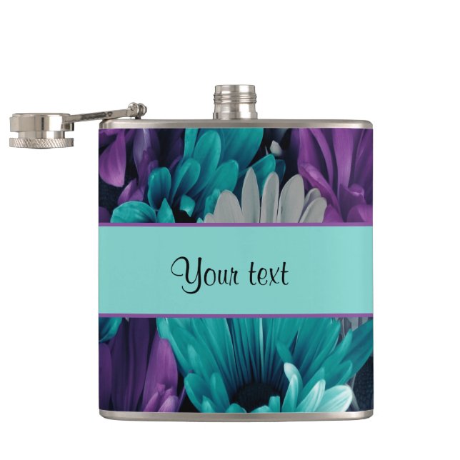 Turquoise & Purple Daisies Hip Flask (Opened)