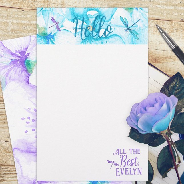 Turquoise, Purple Dragonfly Personal Stationery (turquoise aquamarine purple dragonflies floral budget personalized letter writing stationary paper )