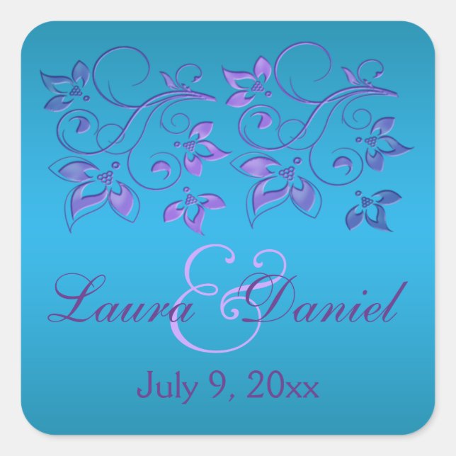 Turquoise, Purple Floral 1.5" sq. Wedding Sticker (Front)