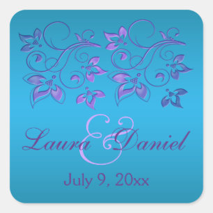 Turquoise, Purple Floral 1.5" sq. Wedding Sticker