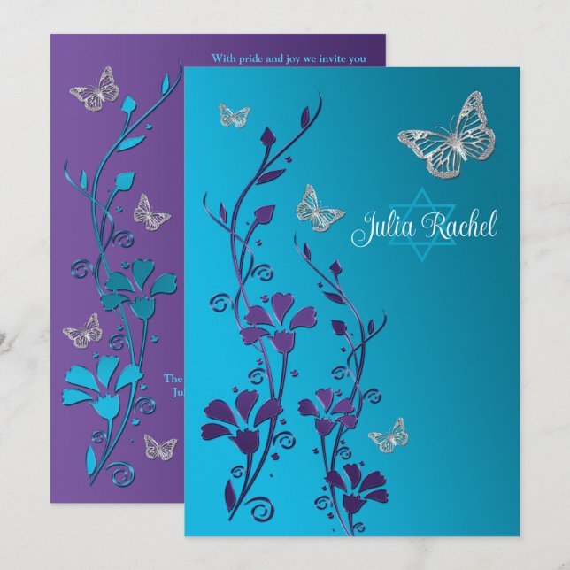 Turquoise, Purple Floral, Butterflies Bat Mitzvah Invitation (Front/Back)