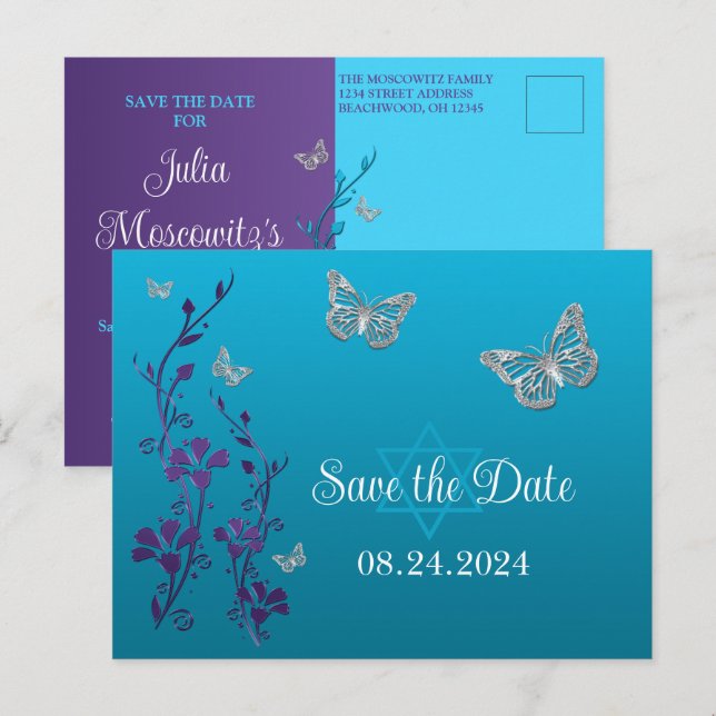 Turquoise, Purple Floral, Butterflies Bat Mitzvah  Postcard (Front/Back)