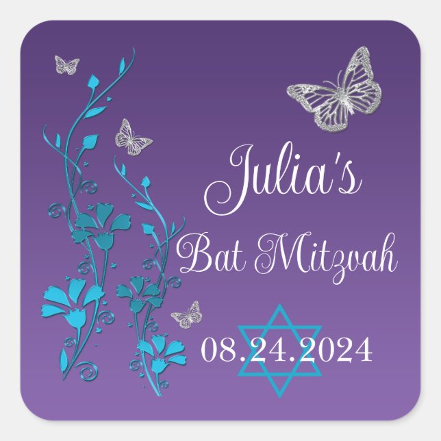 Turquoise, Purple Floral, Butterflies Bat Mitzvah  Square Sticker (Front)
