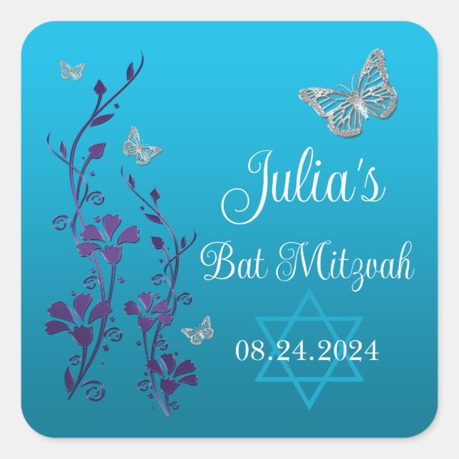 Turquoise, Purple Floral, Butterflies Bat Mitzvah  Square Sticker (Front)