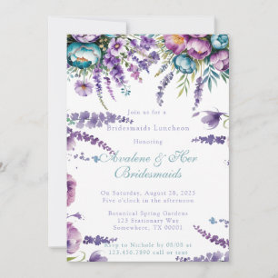 Turquoise Purple Flowers Bridesmaids Luncheon Invitation