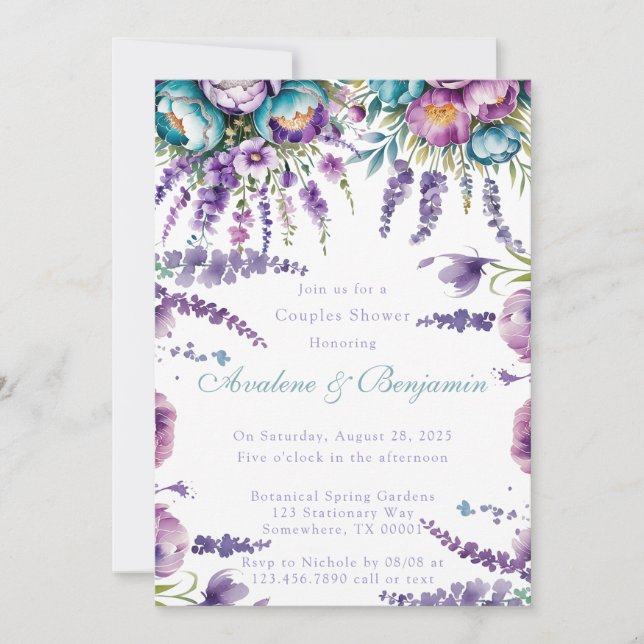 Turquoise Purple Flowers Couples Shower Invitation (Front)