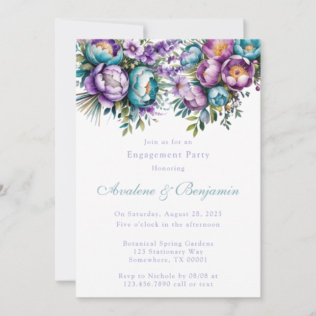 Turquoise Purple Flowers Engagement Party Invitation (Front)