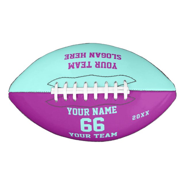 Turquoise Purple Football with Name, Number, Team American Football (Front)