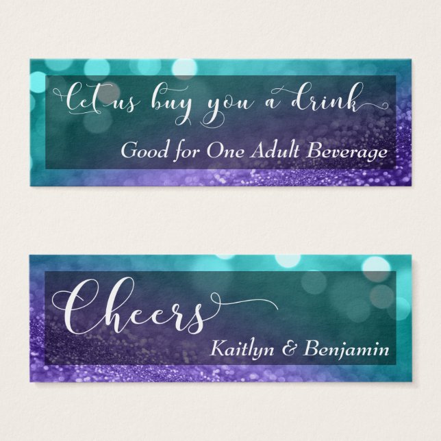 Turquoise Purple Glitter Bokeh Script Drink Ticket (Front & Back)