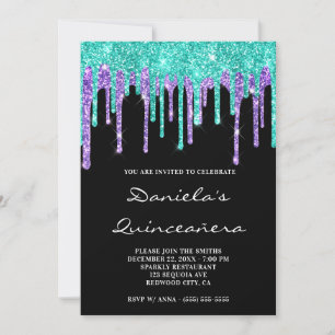 Turquoise Purple Glitter Drips Black Quinceañera Invitation