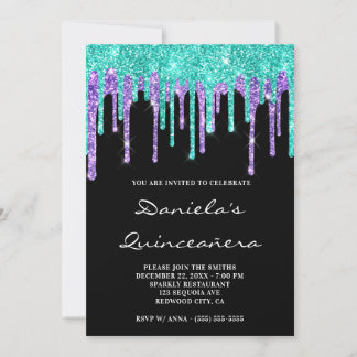 Turquoise Purple Glitter Drips Black Quinceañera Invitation
