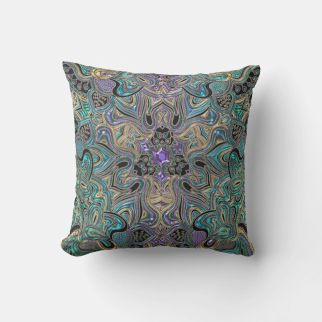 Turquoise Purple Gold Mandala Throw Pillow (Front)