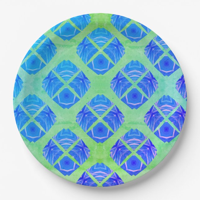 Turquoise, Purple, Green Boho Peacocks Pattern Paper Plate (Front)