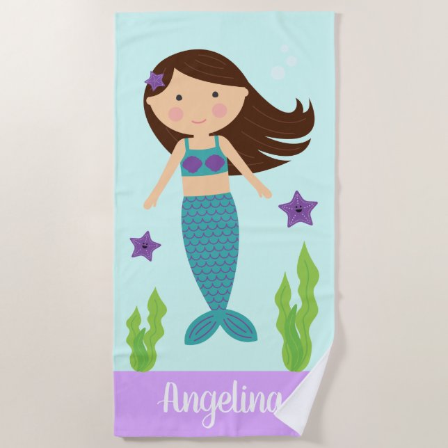 Turquoise & Purple Mermaid Beach Towel- Brown Hair Beach Towel (Front)