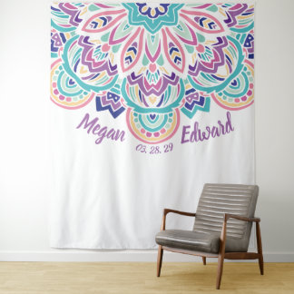 Turquoise & Purple Modern Floral Wedding Backdrop Tapestry