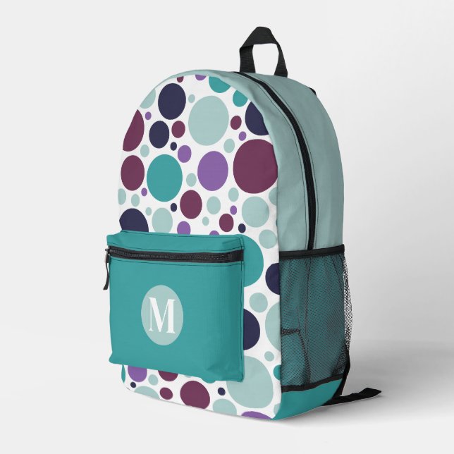 Turquoise Purple Navy Blue Dots Monogram Printed Backpack (Back Corner Right)