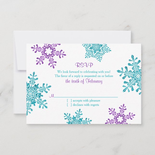 Turquoise Purple Snowflake Winter Wedding RSVP Card (Front)