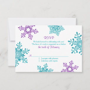 Turquoise Purple Snowflake Winter Wedding RSVP Card