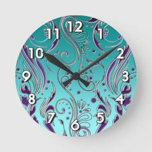 Turquoise Purple swirl Round Clock