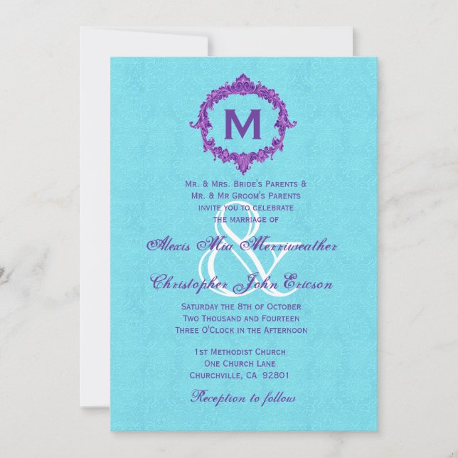 Turquoise Purple Vintage Monogram Wedding V022 Invitation (Front)