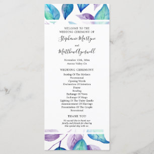 Turquoise Purple Watercolor Leaf Wedding Ceremony Programme