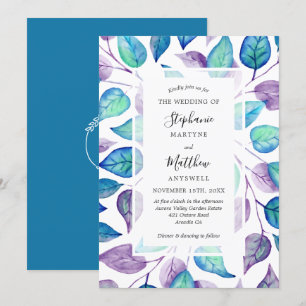 Turquoise Purple Watercolor Leaves Foliage Wedding Invitation