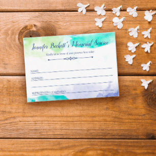 Turquoise Purple Watercolor Memorial Attendance Enclosure Card