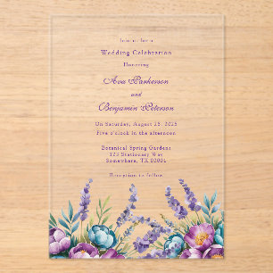 Turquoise Purple Wildflowers Wedding Celebration Acrylic Invitations