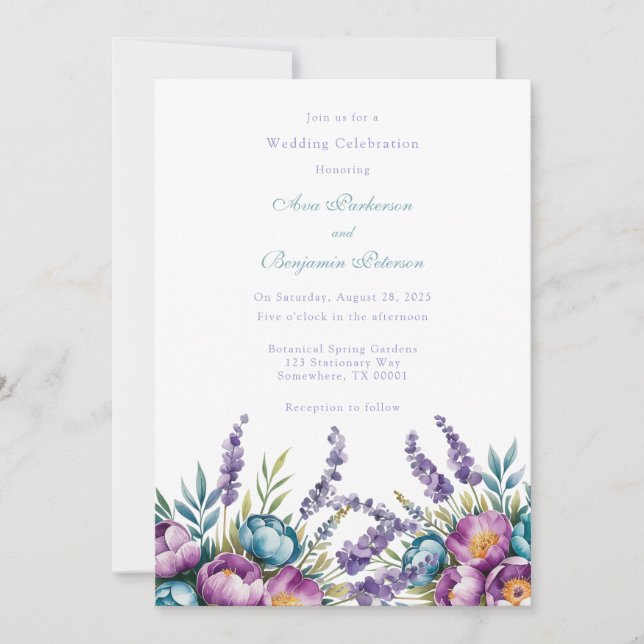 Turquoise Purple Wildflowers Wedding Celebration Invitation (Front)