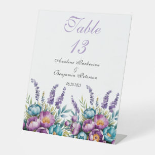 Turquoise Purple Wildflowers Wedding Table Numbers Pedestal Sign