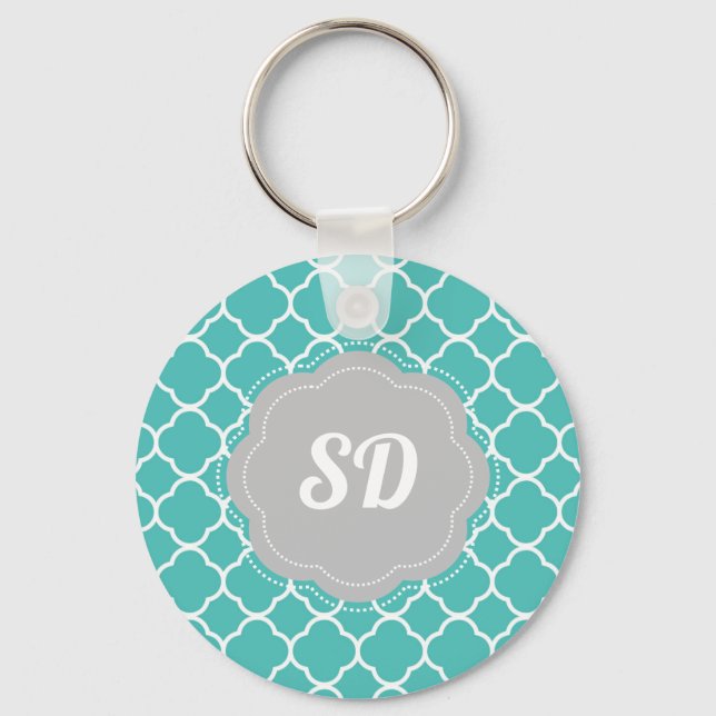 Turquoise Quatrefoil Custom Monogram Key Ring (Front)