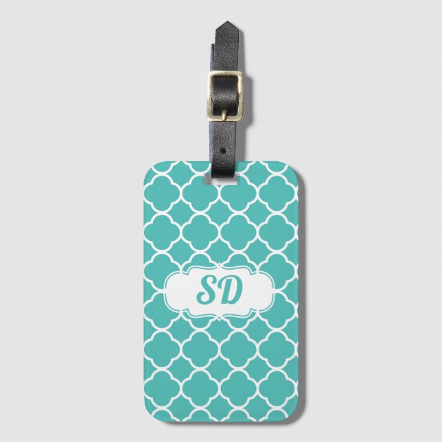 Turquoise Quatrefoil Custom Monogram Luggage Tag (Front Vertical)
