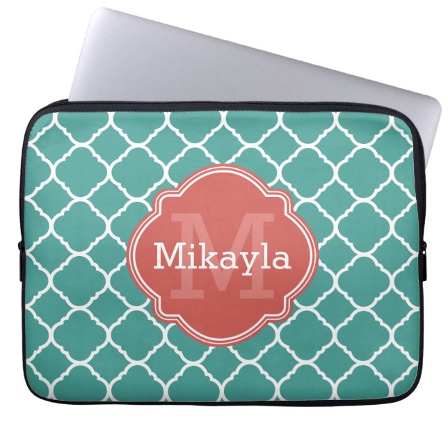 Turquoise Quatrefoil Pattern Coral Monogram Laptop Sleeve (Front)