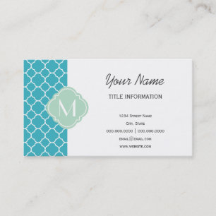 Turquoise Quatrefoil Pattern with Monogram Business Card