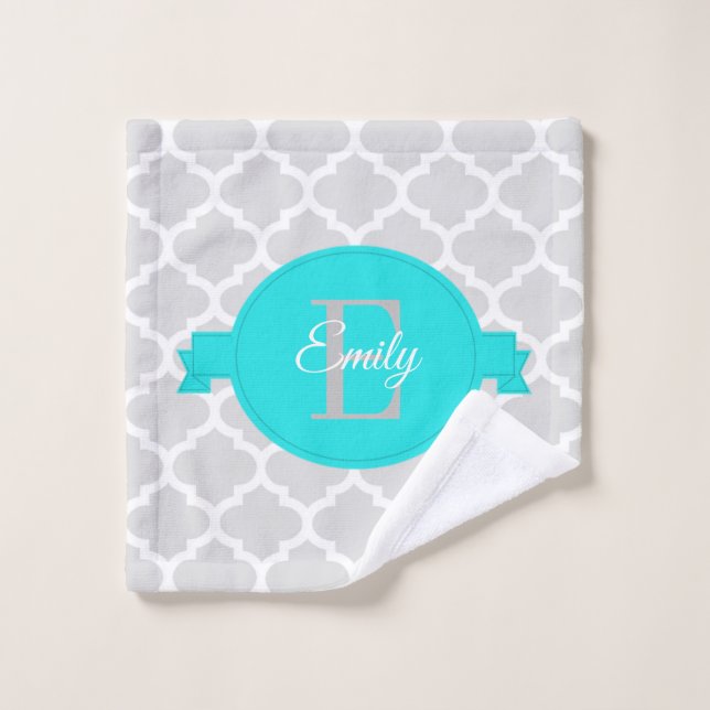 Turquoise Quatrefoil Personalised Bath Towel Set (Wash Cloth)